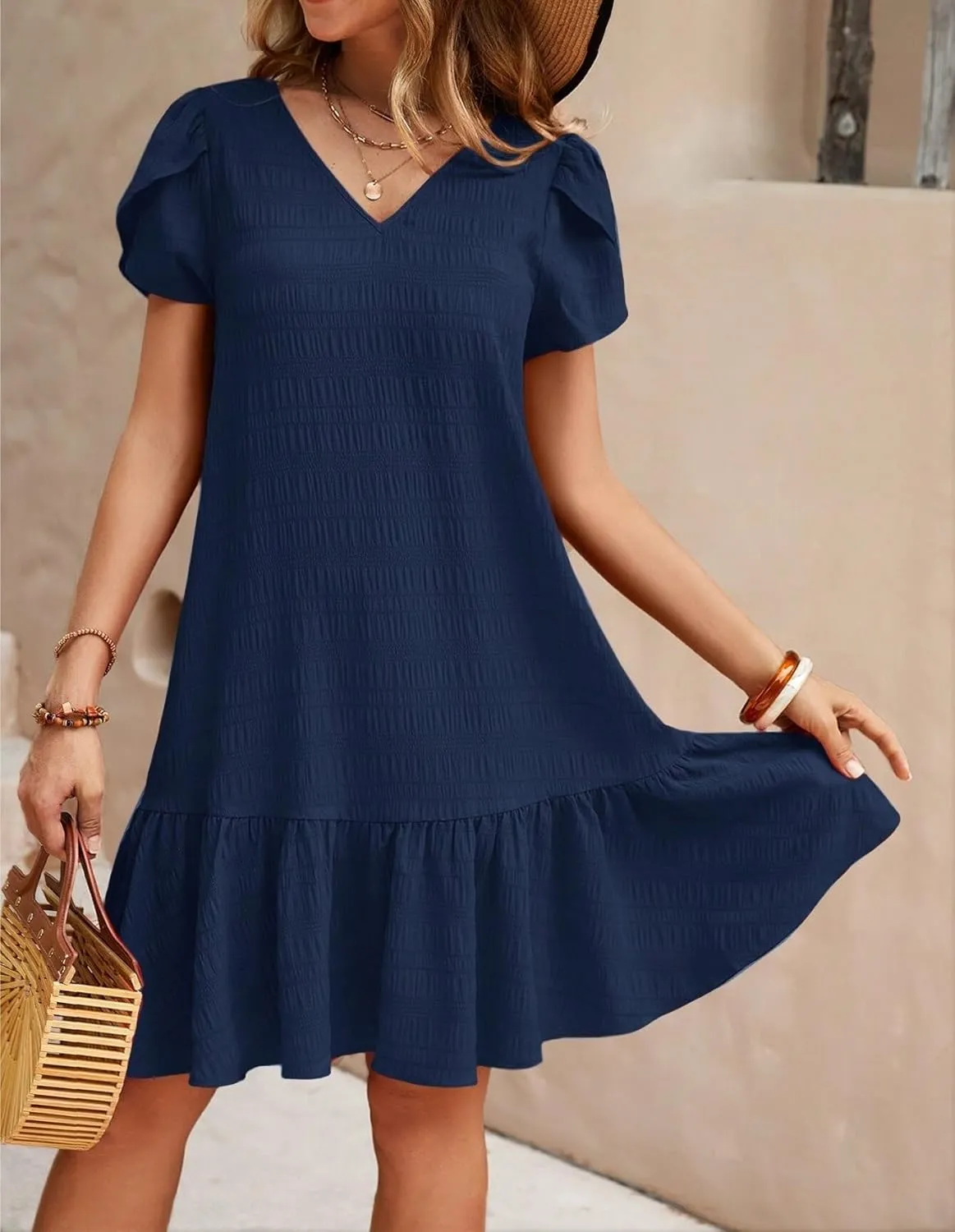 Womens Summer Short Dresses Solid Color Short Sleeve V Neck Ruffle Hem Dress for Women