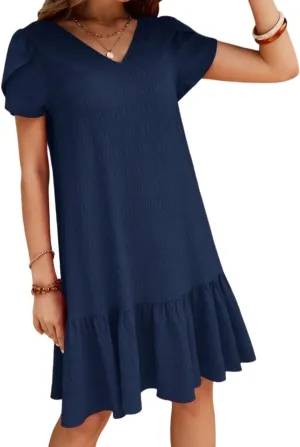 Womens Summer Short Dresses Solid Color Short Sleeve V Neck Ruffle Hem Dress for Women