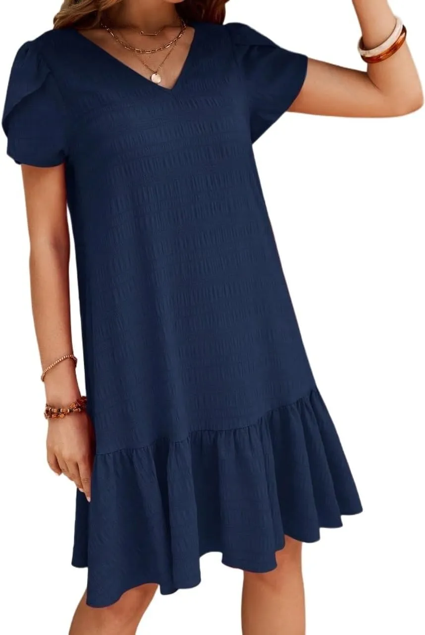 Womens Summer Short Dresses Solid Color Short Sleeve V Neck Ruffle Hem Dress for Women