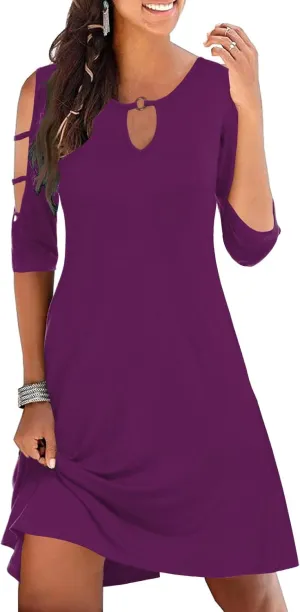 Womens Summer Short Sleeve Cold Shoulder Plain Swing Casual T-Shirt Dress Floral Beach Cover Up Dresses with Pockets