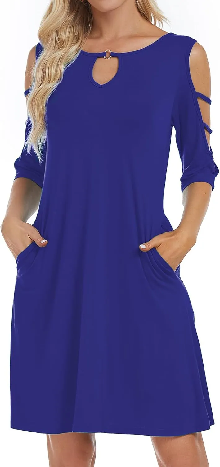Womens Summer Short Sleeve Cold Shoulder Plain Swing Casual T-Shirt Dress Floral Beach Cover Up Dresses with Pockets