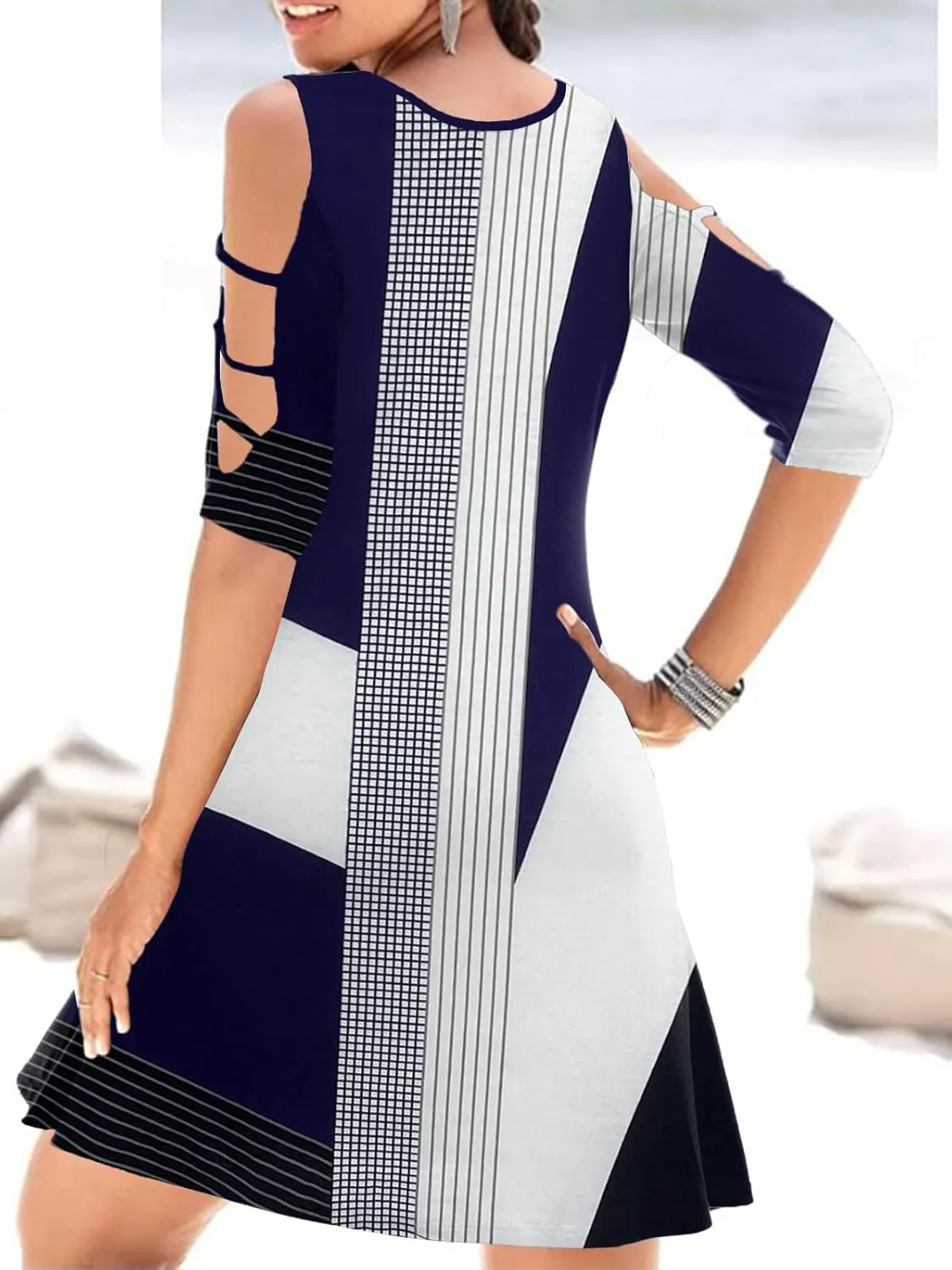 Womens Summer Short Sleeve Cold Shoulder Plain Swing Casual T-Shirt Dress Floral Beach Cover Up Dresses with Pockets