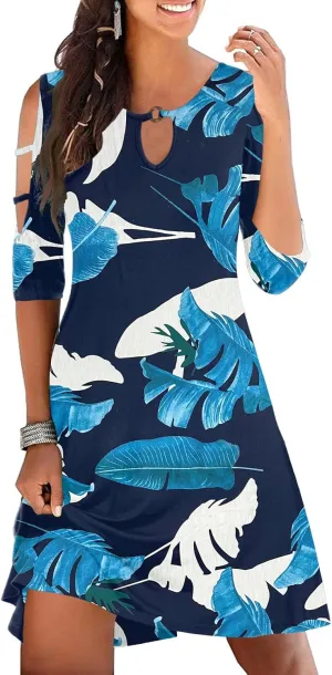 Womens Summer Short Sleeve Cold Shoulder Plain Swing Casual T-Shirt Dress Floral Beach Cover Up Dresses with Pockets