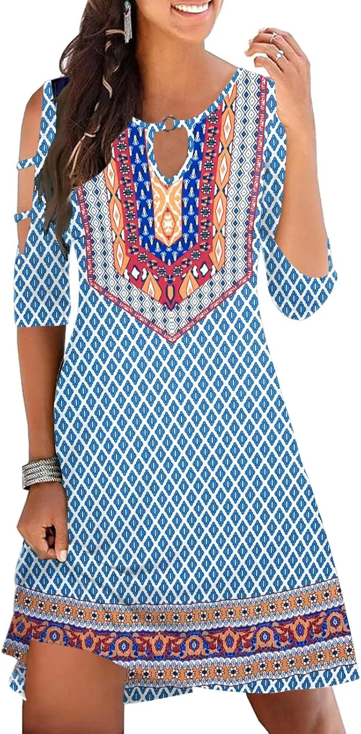 Womens Summer Short Sleeve Cold Shoulder Plain Swing Casual T-Shirt Dress Floral Beach Cover Up Dresses with Pockets