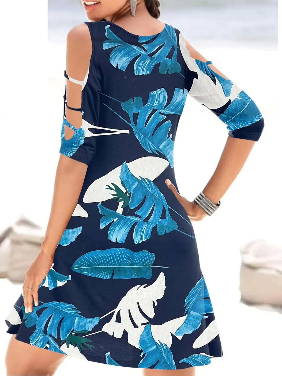 Womens Summer Short Sleeve Cold Shoulder Plain Swing Casual T-Shirt Dress Floral Beach Cover Up Dresses with Pockets