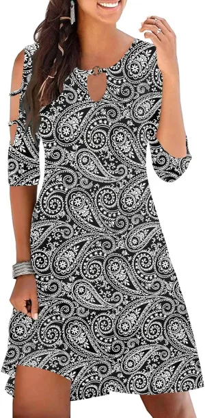 Womens Summer Short Sleeve Cold Shoulder Plain Swing Casual T-Shirt Dress Floral Beach Cover Up Dresses with Pockets