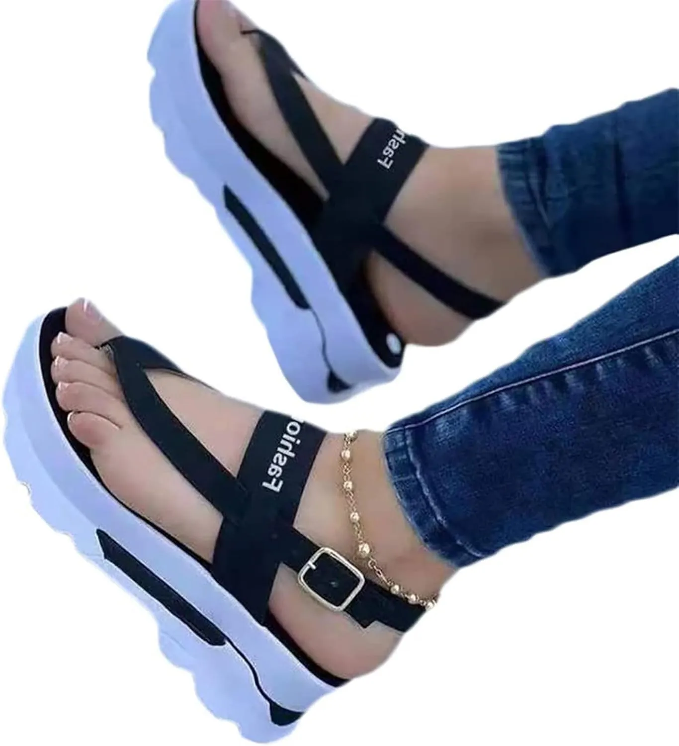 Women's Summer Sport Sandals Casual Comfortable Flip Flops Wedge Beach Shoes Ankle T-Strap Thong Platform Sandals for Women Walking Sandals,Black,US8/EU39