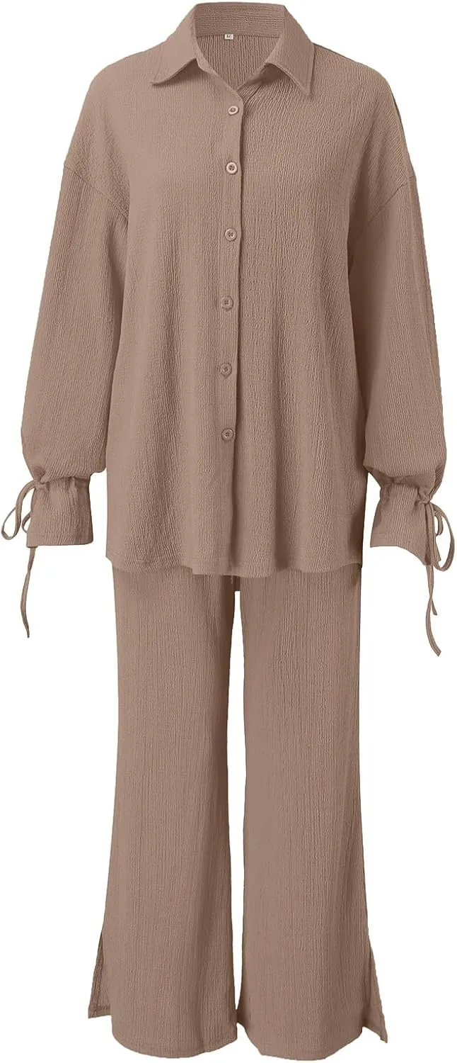 Women's Two Piece Outfit Loose Straight Legs Solid Plain Pajama Sets Quick Dry Essentials Going Out Pockets Suits