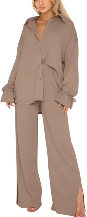 Women's Two Piece Outfit Loose Straight Legs Solid Plain Pajama Sets Quick Dry Essentials Going Out Pockets Suits