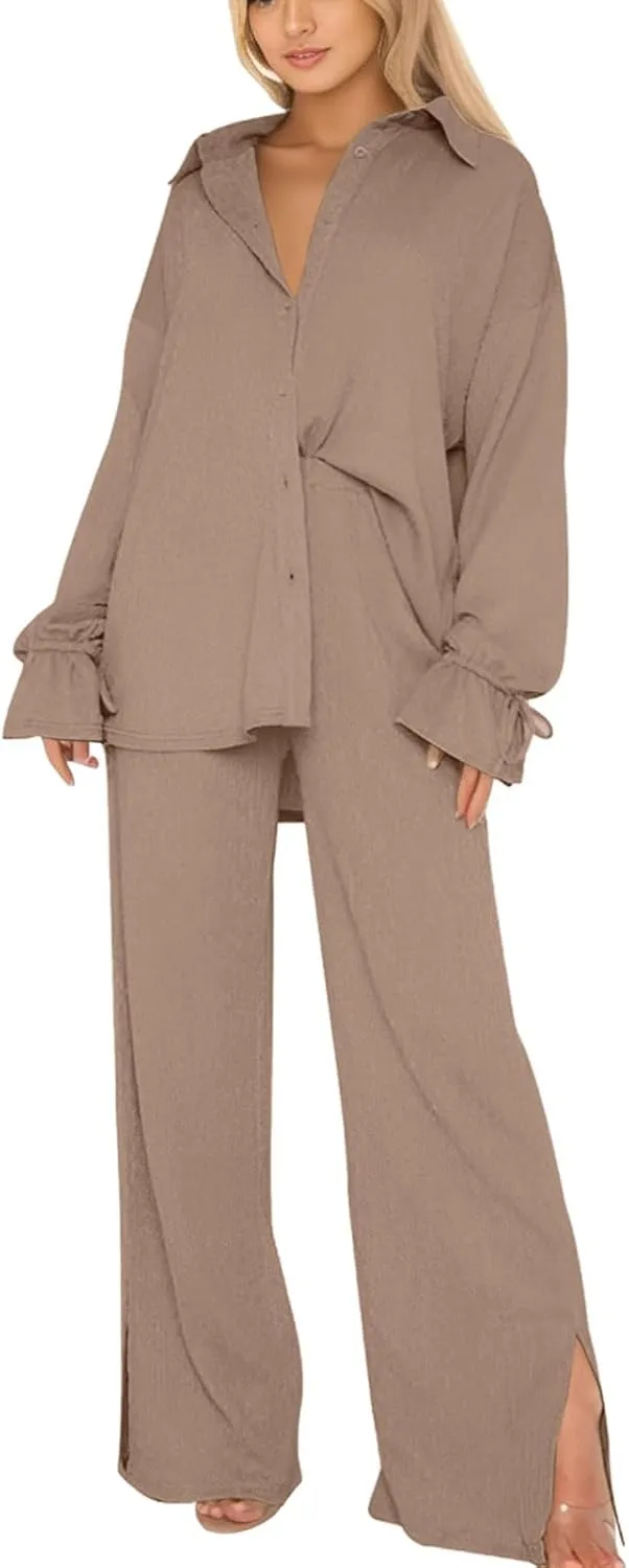 Women's Two Piece Outfit Loose Straight Legs Solid Plain Pajama Sets Quick Dry Essentials Going Out Pockets Suits