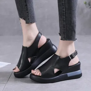 Womens Wedge Platform Sandals Ankle Strap Slingback Open Toe Summer High Heel Casual Sandals Leather Fish Mouth Sandals Comfort Beach Shoes,Black,US7/EU38