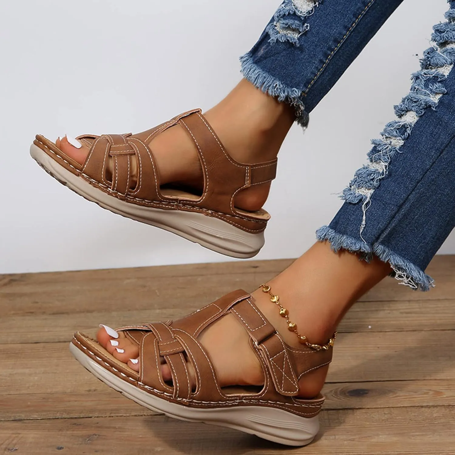 Womens Wedge Sports Sandals with Arch Support Summer Comfortable Platform Flat Shoes Outdoor Ankle Strap Casual Sandals Walking Shoes,Brown,US11/EU42