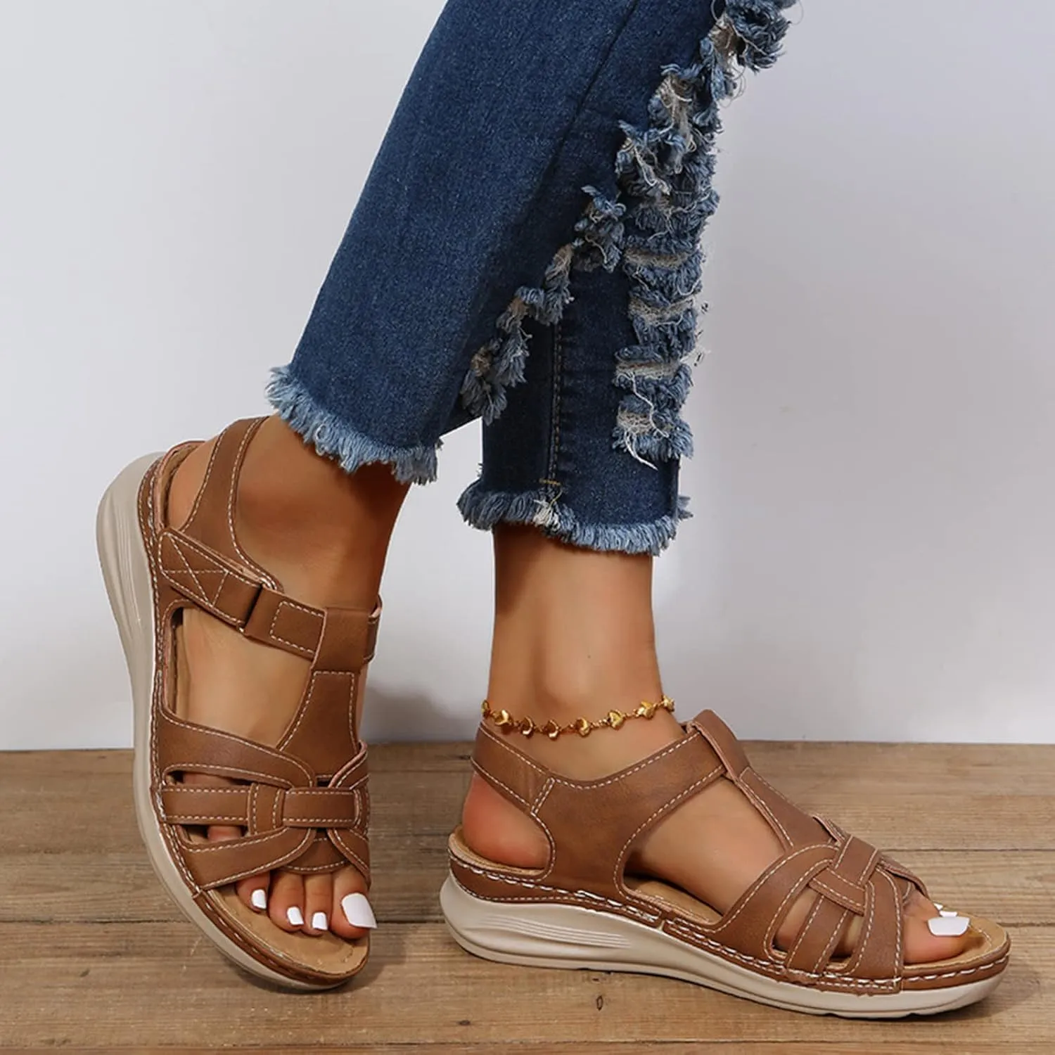 Womens Wedge Sports Sandals with Arch Support Summer Comfortable Platform Flat Shoes Outdoor Ankle Strap Casual Sandals Walking Shoes,Brown,US11/EU42