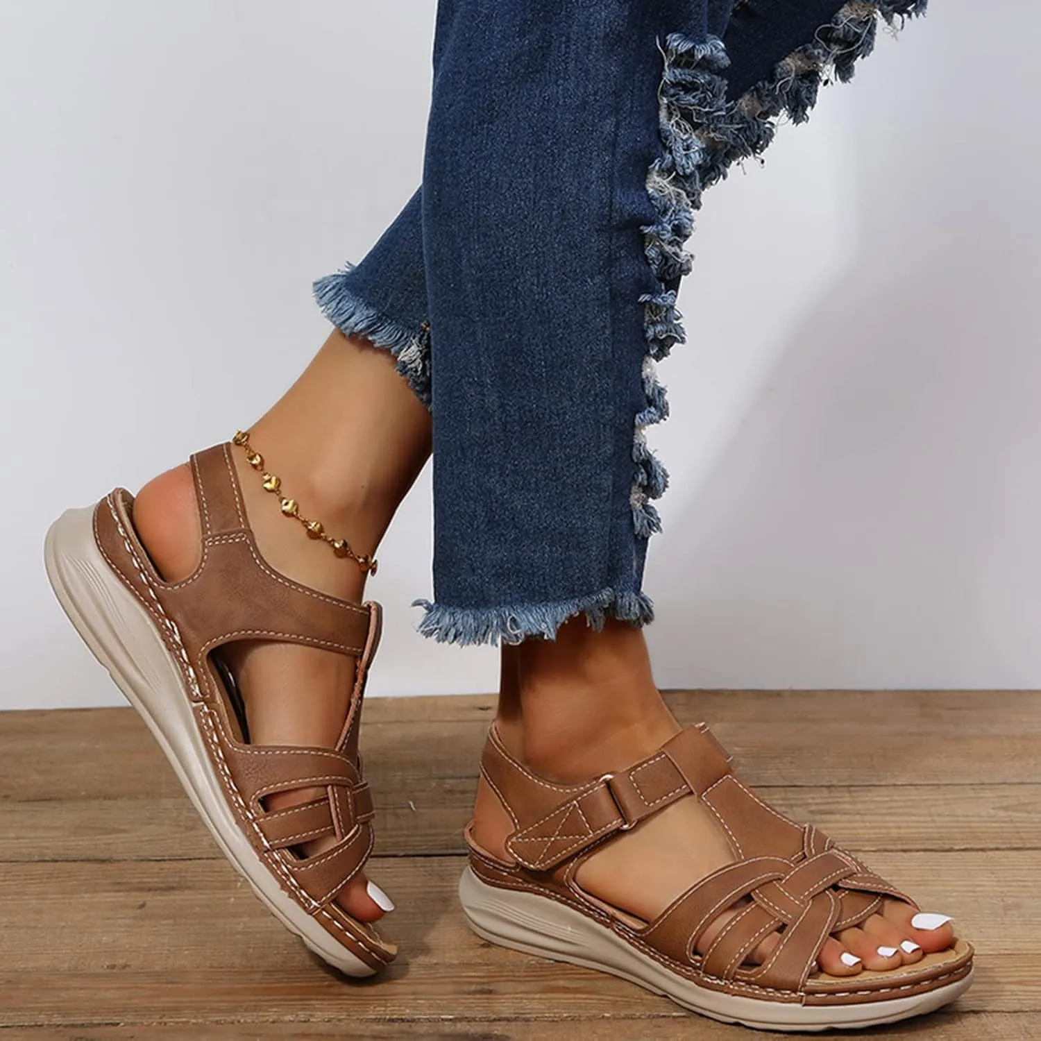 Womens Wedge Sports Sandals with Arch Support Summer Comfortable Platform Flat Shoes Outdoor Ankle Strap Casual Sandals Walking Shoes,Brown,US11/EU42