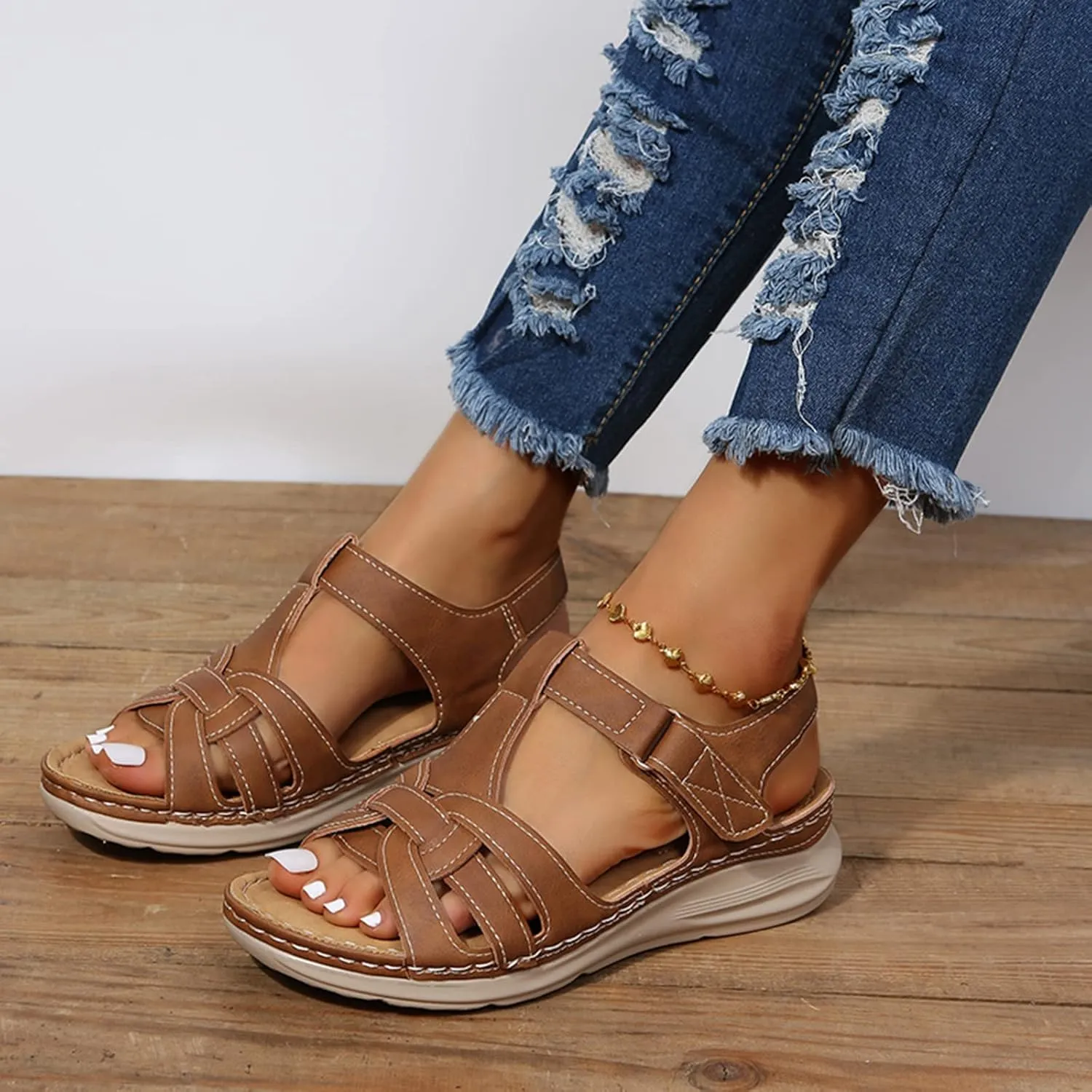 Womens Wedge Sports Sandals with Arch Support Summer Comfortable Platform Flat Shoes Outdoor Ankle Strap Casual Sandals Walking Shoes,Brown,US11/EU42