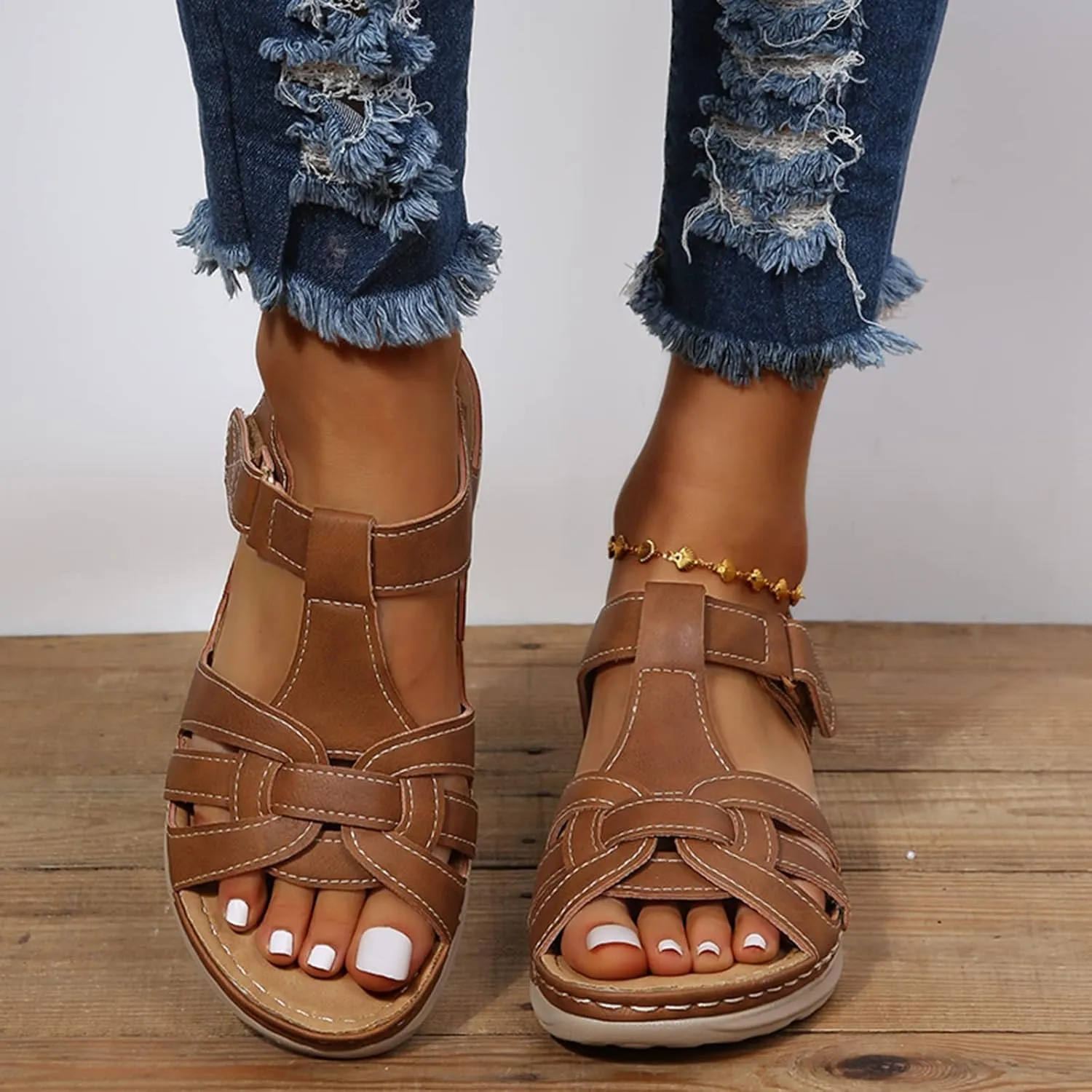 Womens Wedge Sports Sandals with Arch Support Summer Comfortable Platform Flat Shoes Outdoor Ankle Strap Casual Sandals Walking Shoes,Brown,US11/EU42