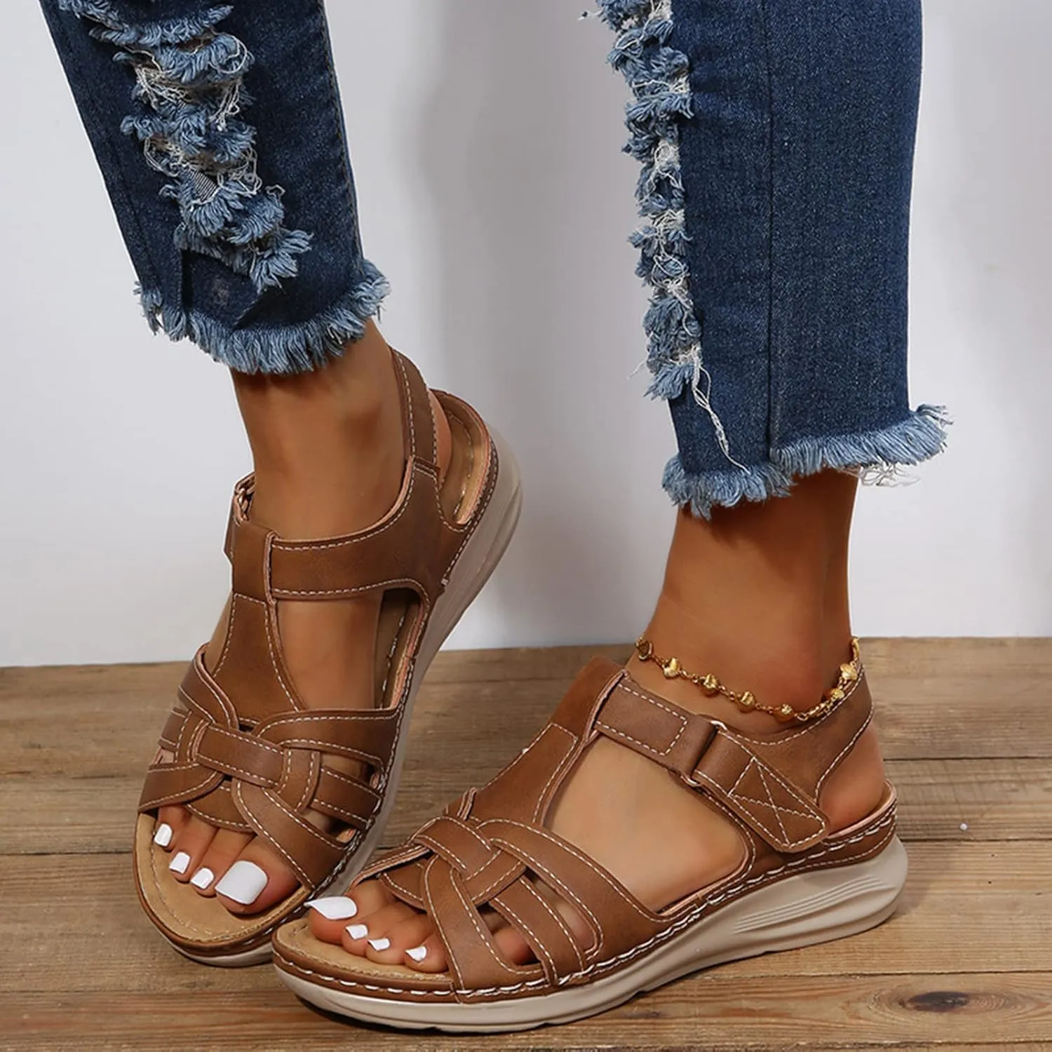 Womens Wedge Sports Sandals with Arch Support Summer Comfortable Platform Flat Shoes Outdoor Ankle Strap Casual Sandals Walking Shoes,Brown,US11/EU42