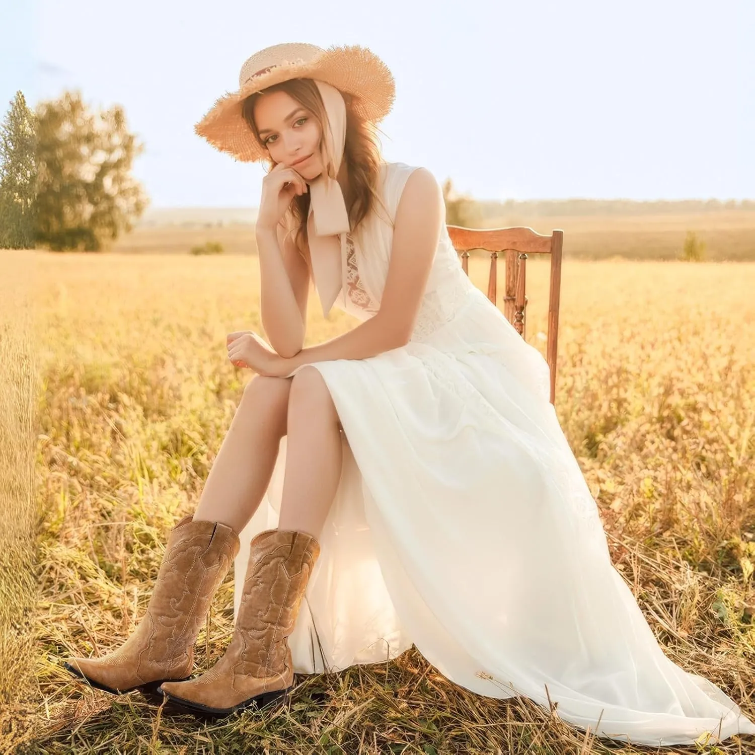 Womens Western Cowgirl Cowboy Boots Mid Calf Snip Toe Fashion Shoes