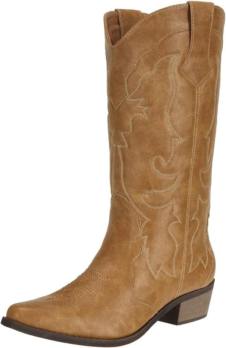 Womens Western Cowgirl Cowboy Boots Mid Calf Snip Toe Fashion Shoes