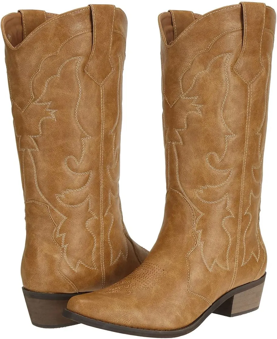 Womens Western Cowgirl Cowboy Boots Mid Calf Snip Toe Fashion Shoes