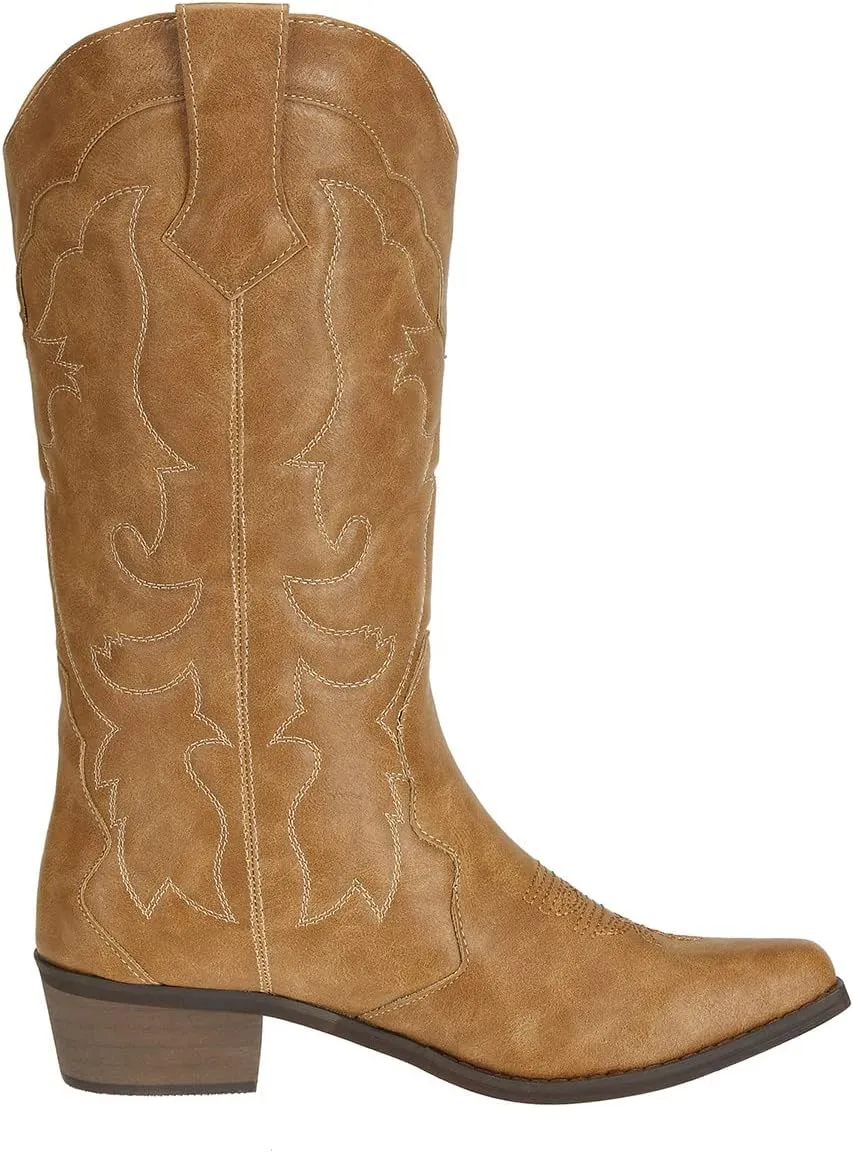 Womens Western Cowgirl Cowboy Boots Mid Calf Snip Toe Fashion Shoes