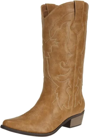 Womens Western Cowgirl Cowboy Boots Mid Calf Snip Toe Fashion Shoes