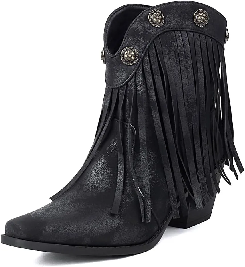 Women's Western Fringed Cowboy Ankle Boots Retro Square Toe Chunky Heels Tassels Cowgirl Short Booties