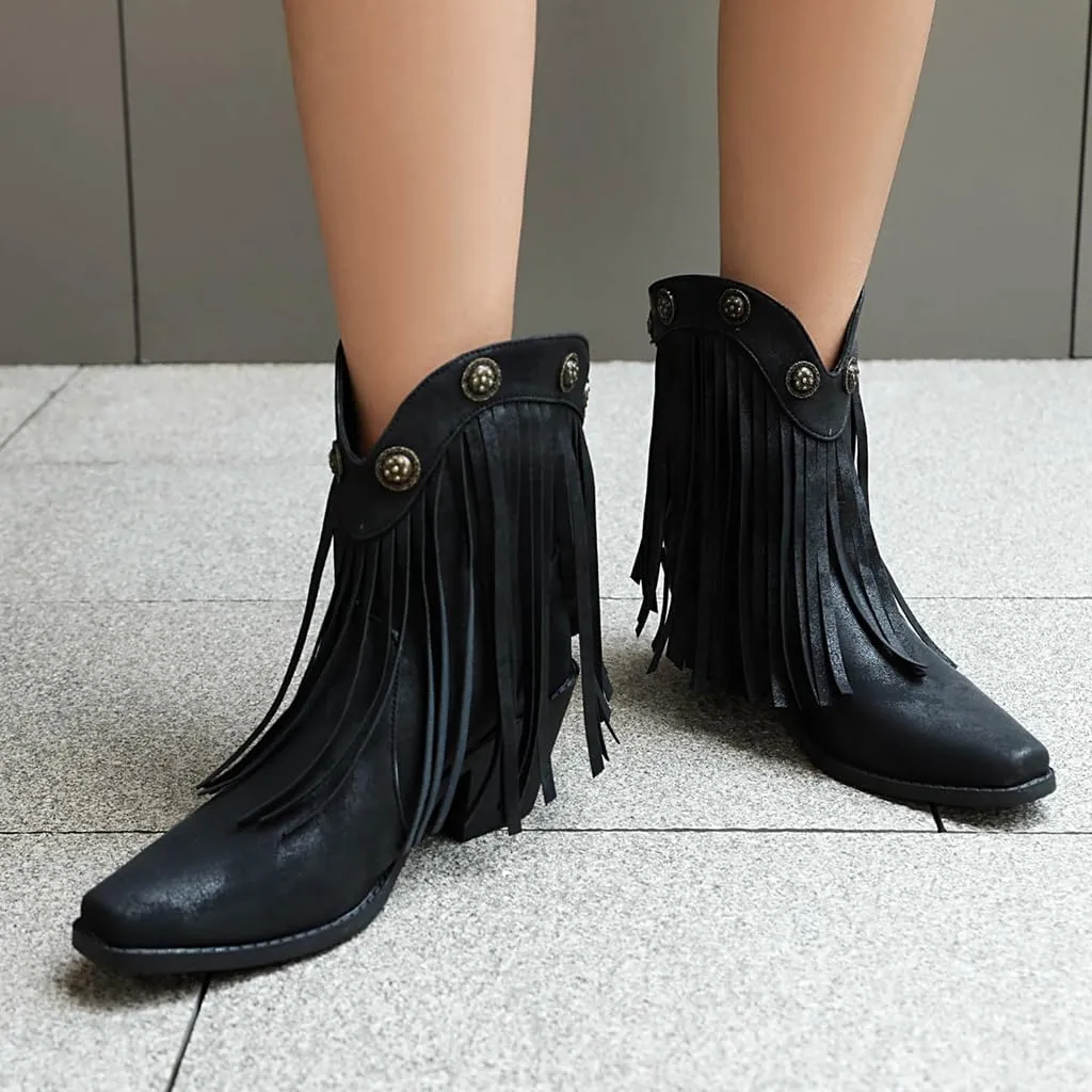 Women's Western Fringed Cowboy Ankle Boots Retro Square Toe Chunky Heels Tassels Cowgirl Short Booties