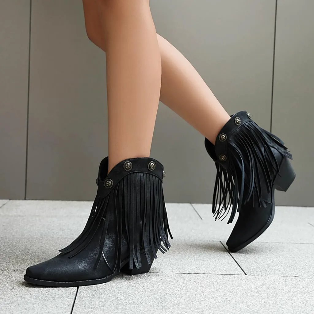 Women's Western Fringed Cowboy Ankle Boots Retro Square Toe Chunky Heels Tassels Cowgirl Short Booties