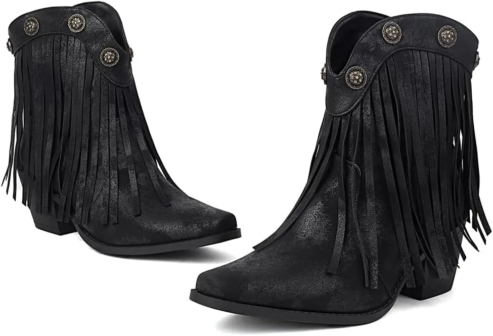 Women's Western Fringed Cowboy Ankle Boots Retro Square Toe Chunky Heels Tassels Cowgirl Short Booties