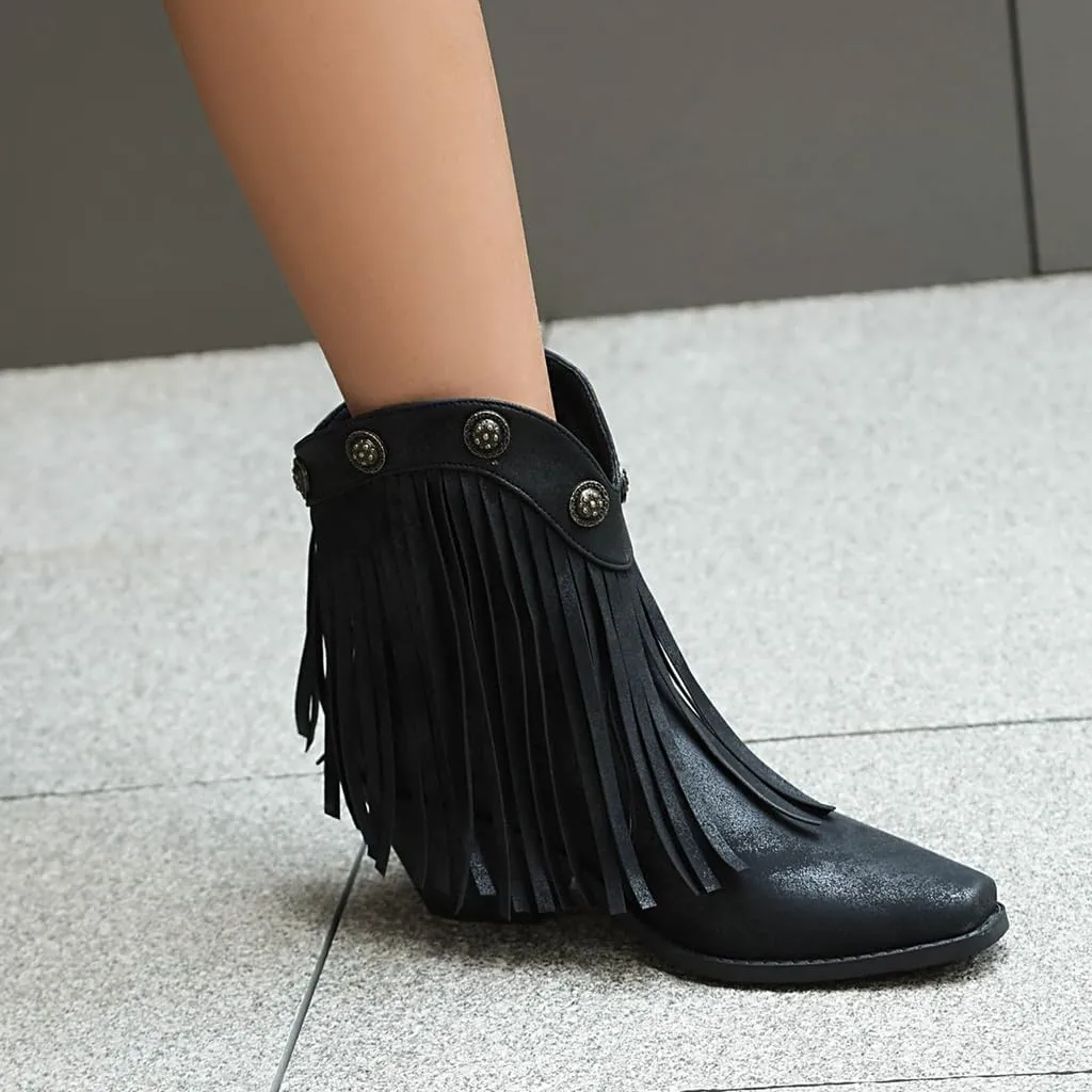 Women's Western Fringed Cowboy Ankle Boots Retro Square Toe Chunky Heels Tassels Cowgirl Short Booties