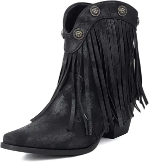 Women's Western Fringed Cowboy Ankle Boots Retro Square Toe Chunky Heels Tassels Cowgirl Short Booties