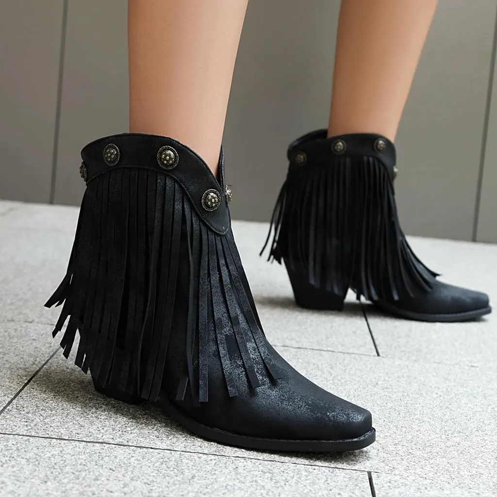 Women's Western Fringed Cowboy Ankle Boots Retro Square Toe Chunky Heels Tassels Cowgirl Short Booties
