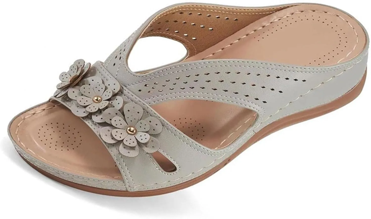 Women's Wide Width Sandals for Beach Walking Summer Fancy Flower Slippers with Arch Support Flat Slides