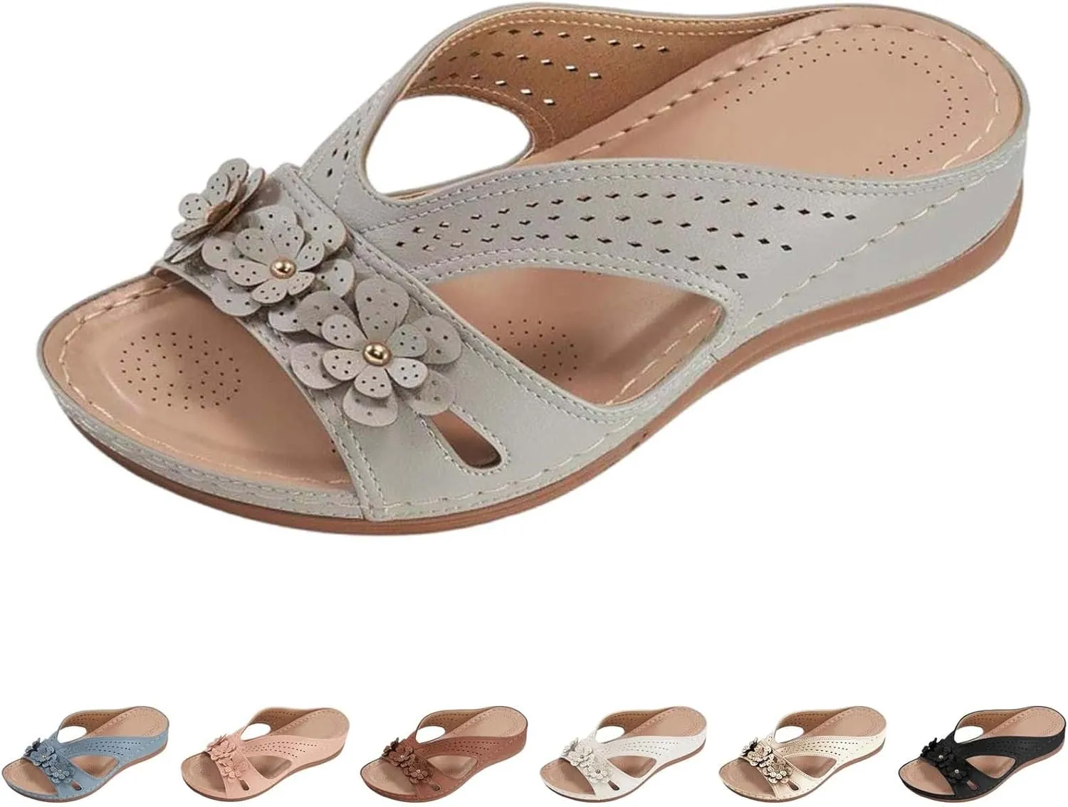 Women's Wide Width Sandals for Beach Walking Summer Fancy Flower Slippers with Arch Support Flat Slides