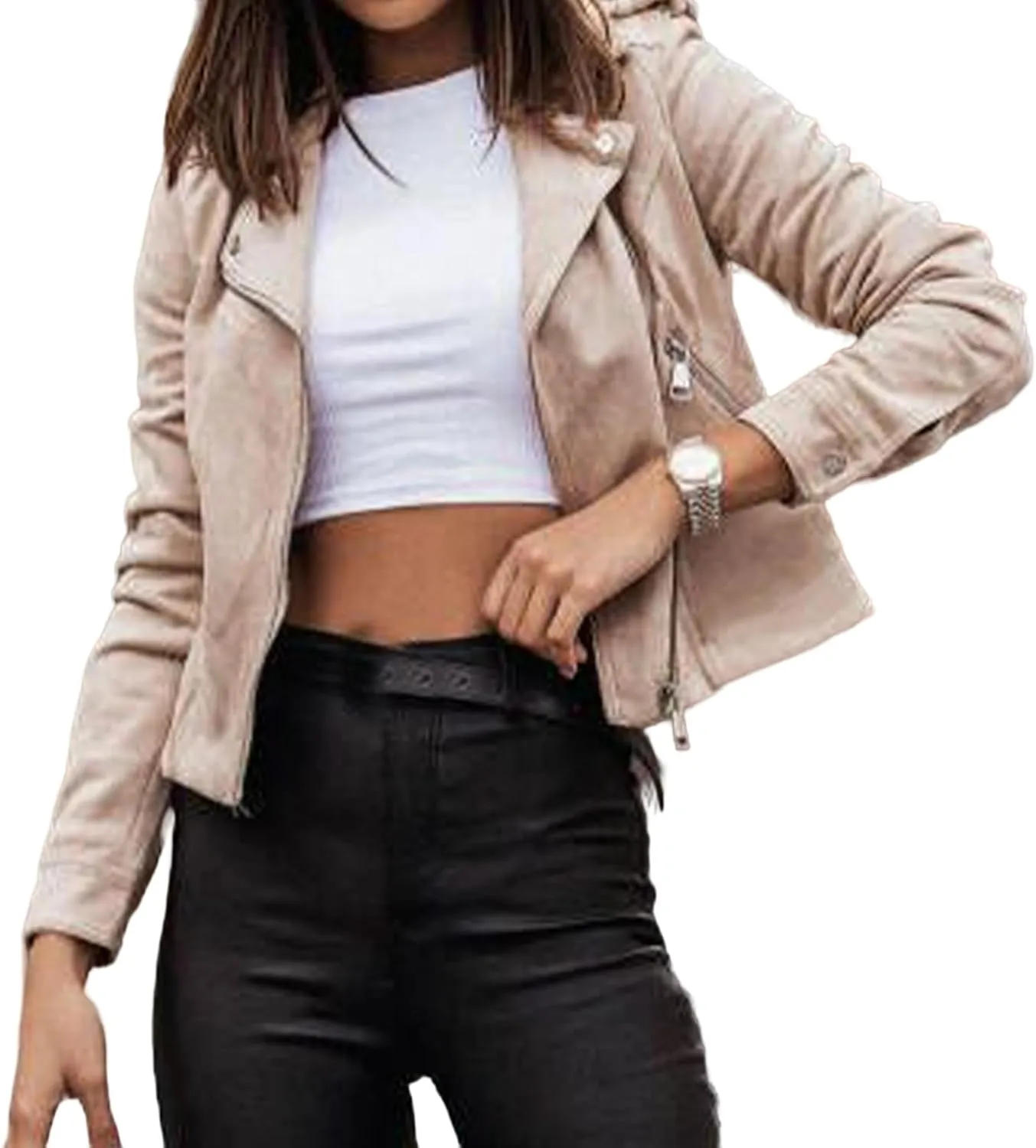 Womens Winter Moto Jacket Cropped Faux Suede Coat Lapel Zip Up Top Casual Long Sleeve Fitted Slim Outwear with Pockets