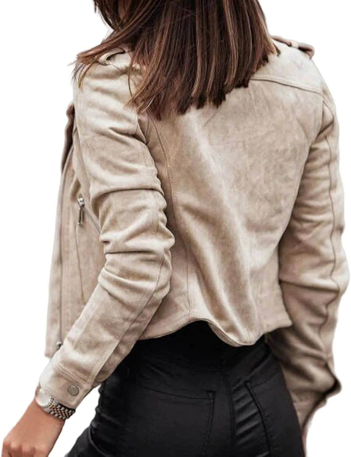 Womens Winter Moto Jacket Cropped Faux Suede Coat Lapel Zip Up Top Casual Long Sleeve Fitted Slim Outwear with Pockets