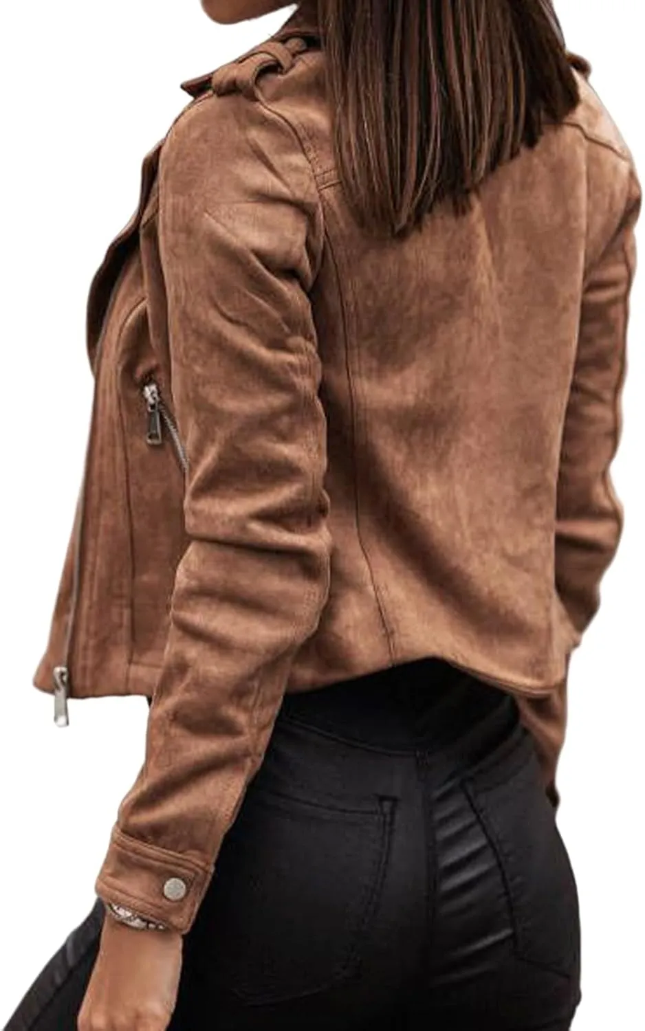 Womens Winter Moto Jacket Cropped Faux Suede Coat Lapel Zip Up Top Casual Long Sleeve Fitted Slim Outwear with Pockets