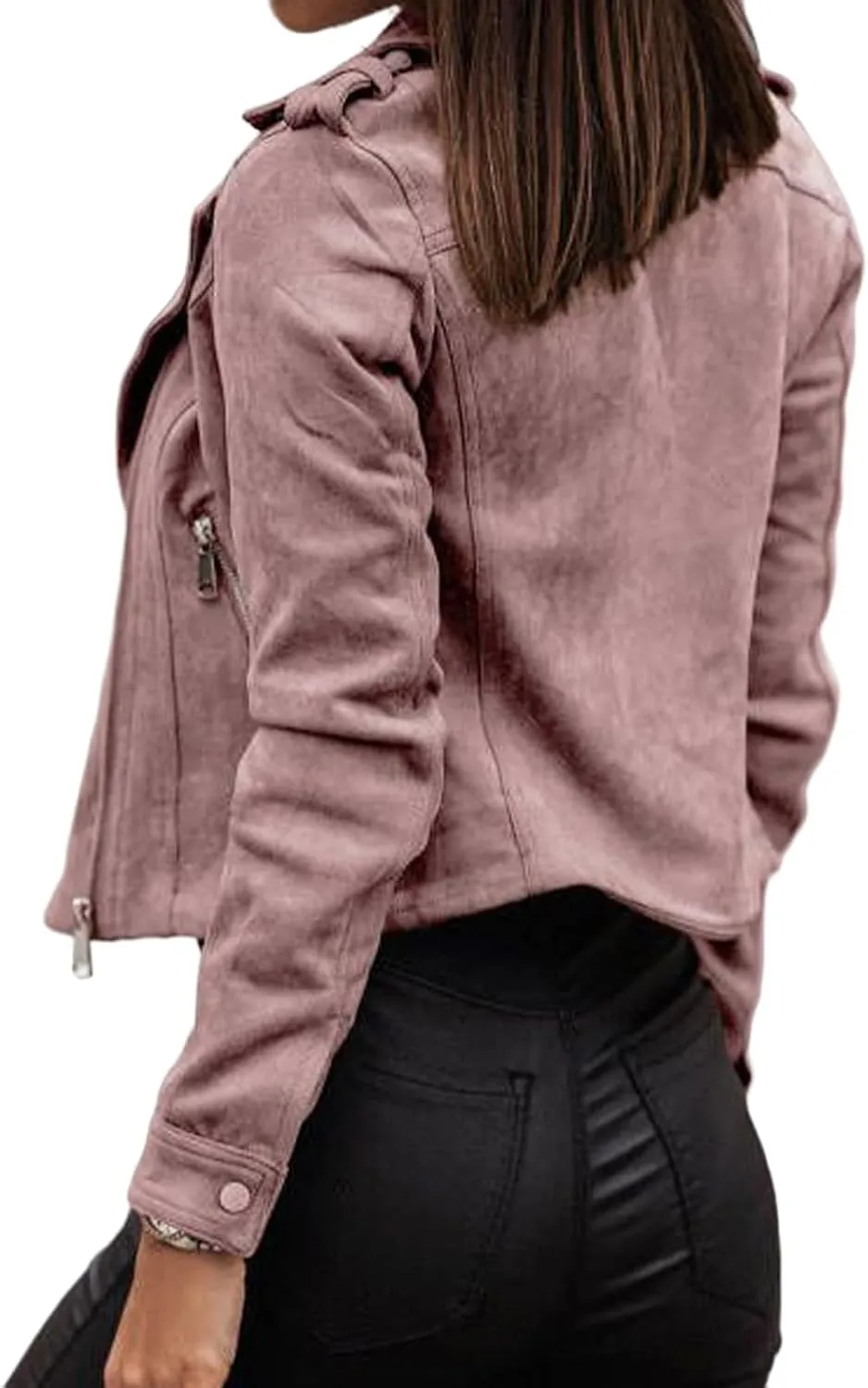 Womens Winter Moto Jacket Cropped Faux Suede Coat Lapel Zip Up Top Casual Long Sleeve Fitted Slim Outwear with Pockets