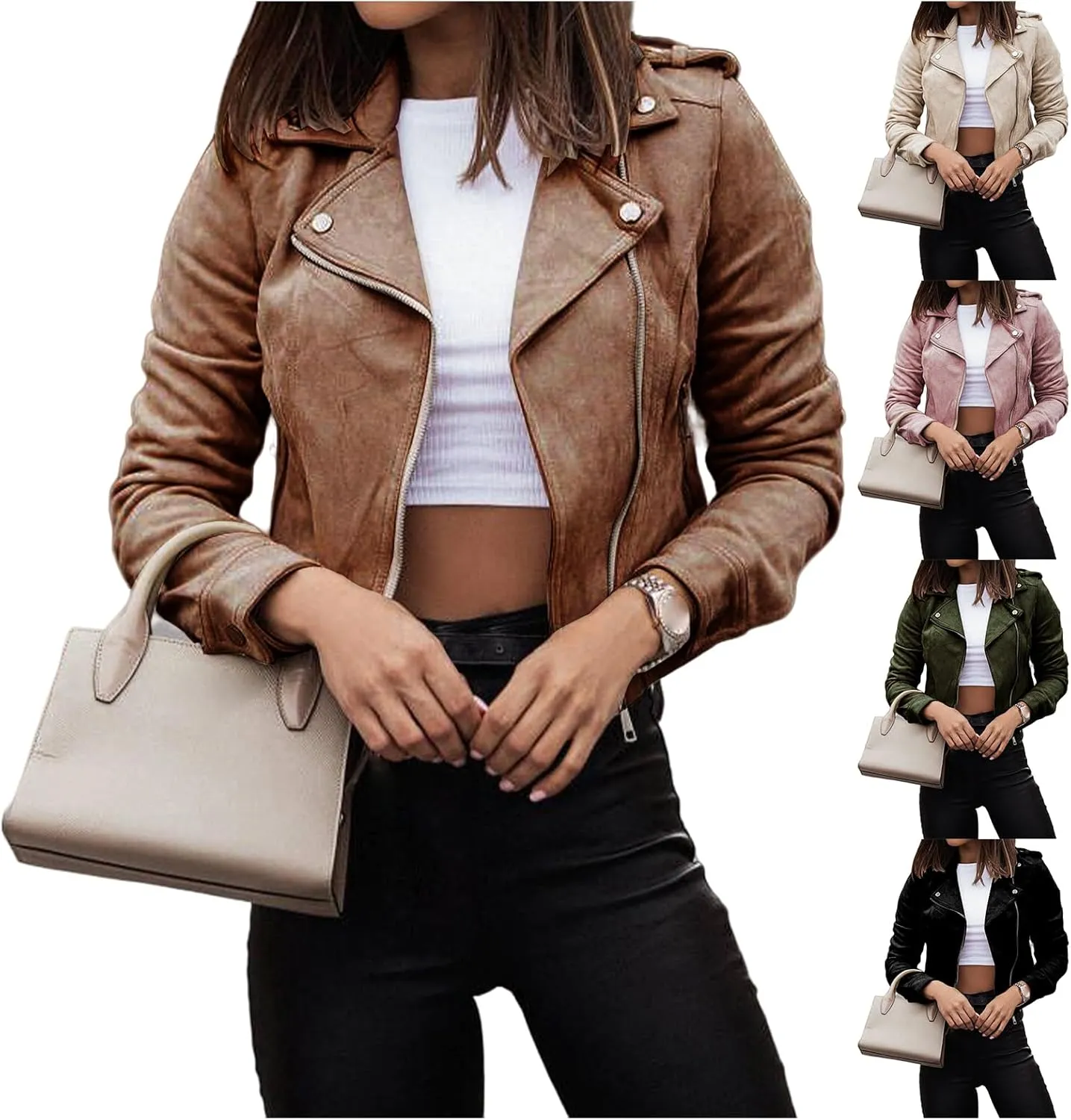 Womens Winter Moto Jacket Cropped Faux Suede Coat Lapel Zip Up Top Casual Long Sleeve Fitted Slim Outwear with Pockets