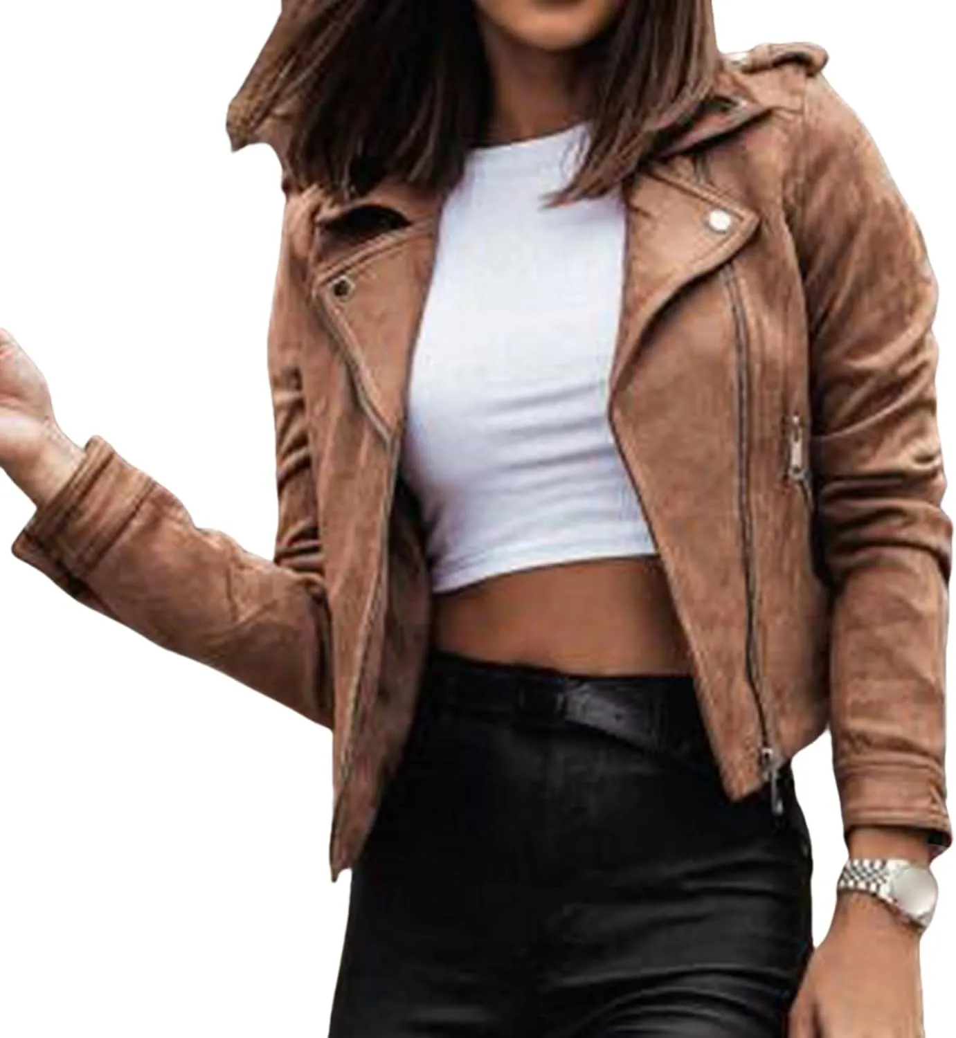 Womens Winter Moto Jacket Cropped Faux Suede Coat Lapel Zip Up Top Casual Long Sleeve Fitted Slim Outwear with Pockets