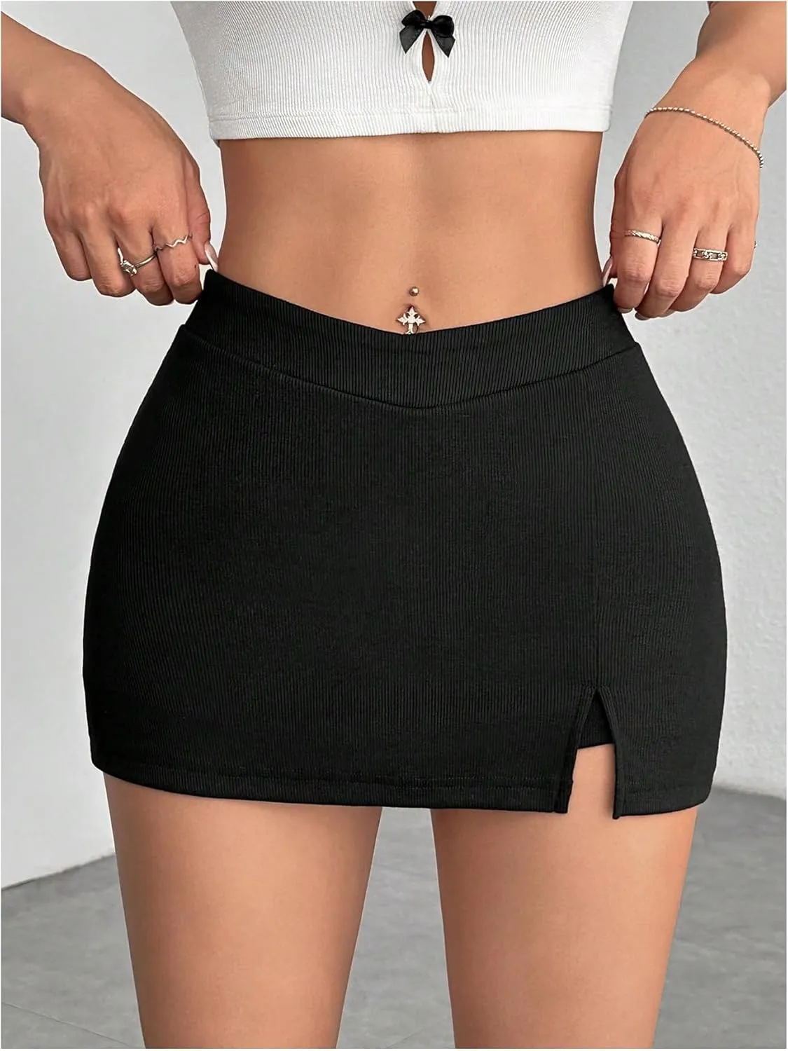 Women's Y2K Bodycon Mini Skirts High Waisted Ribbed Knit Split Hem Skinny Skort Skirts