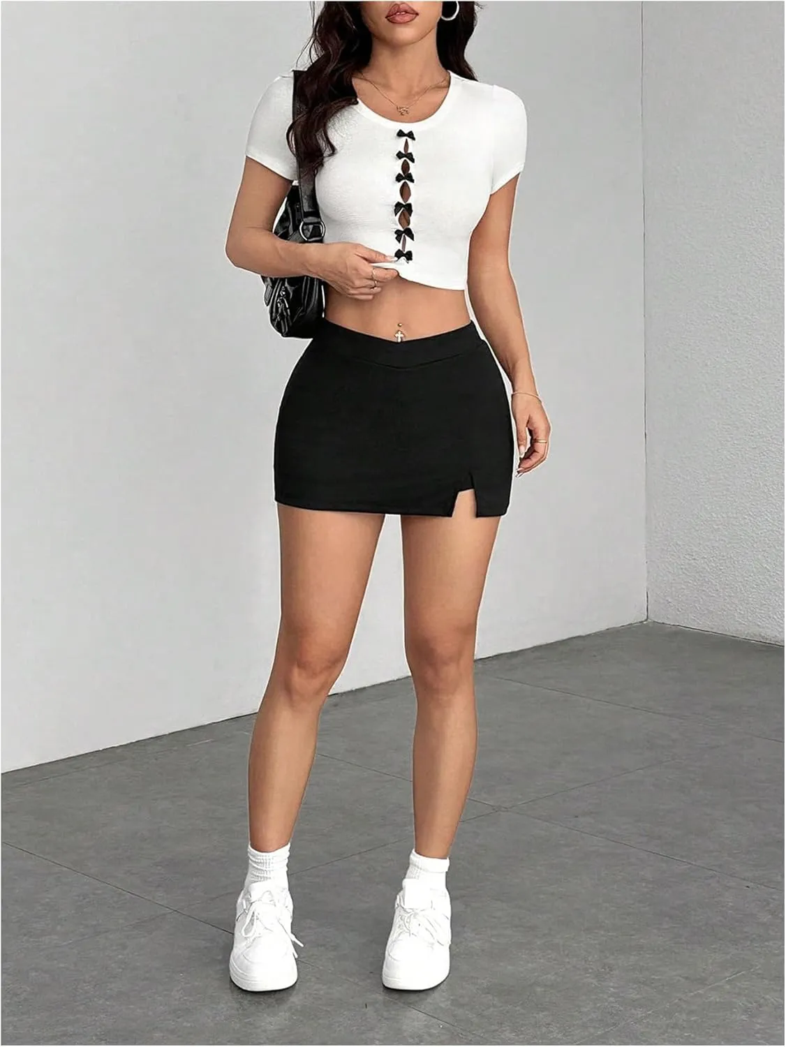 Women's Y2K Bodycon Mini Skirts High Waisted Ribbed Knit Split Hem Skinny Skort Skirts