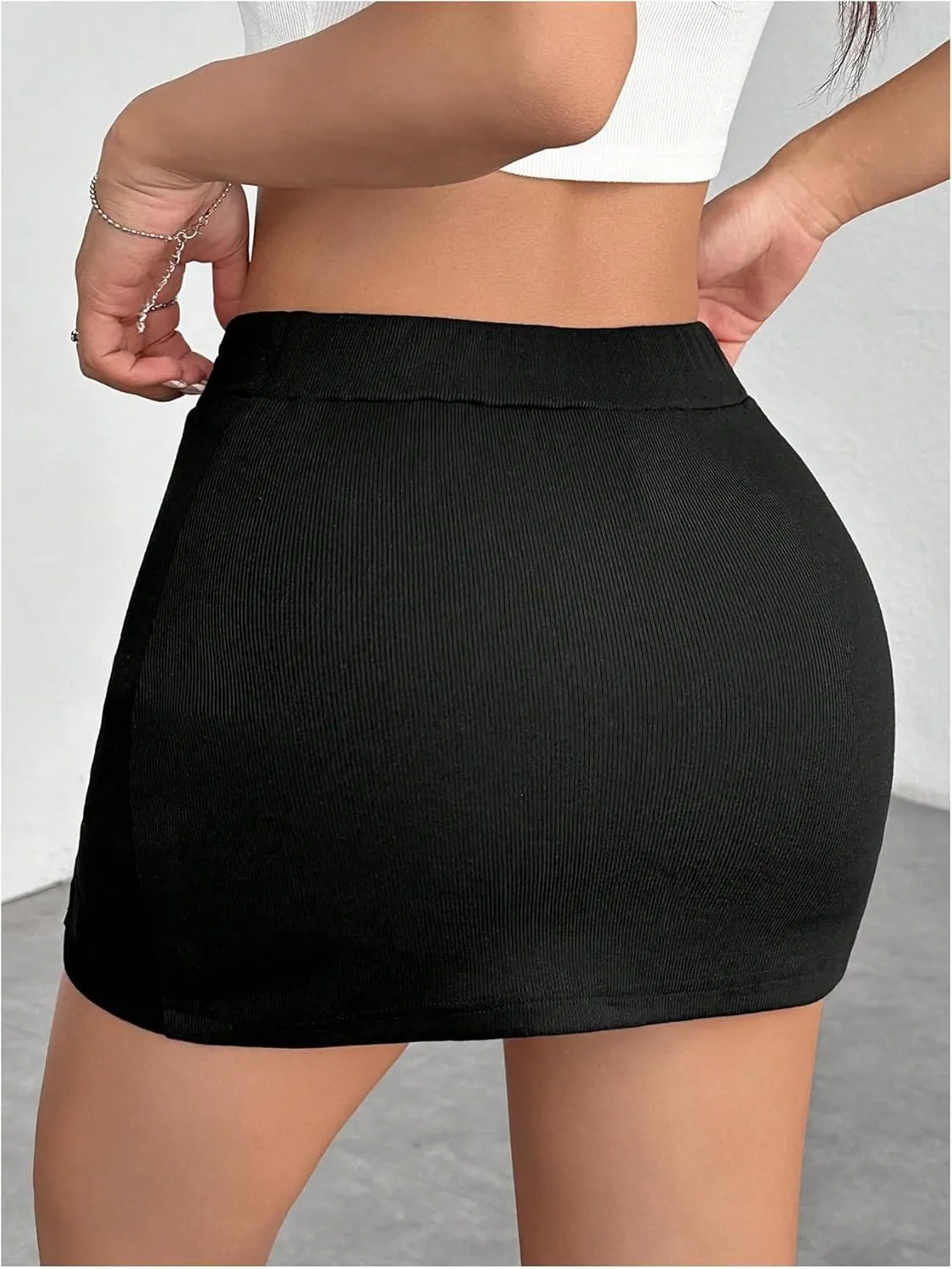 Women's Y2K Bodycon Mini Skirts High Waisted Ribbed Knit Split Hem Skinny Skort Skirts