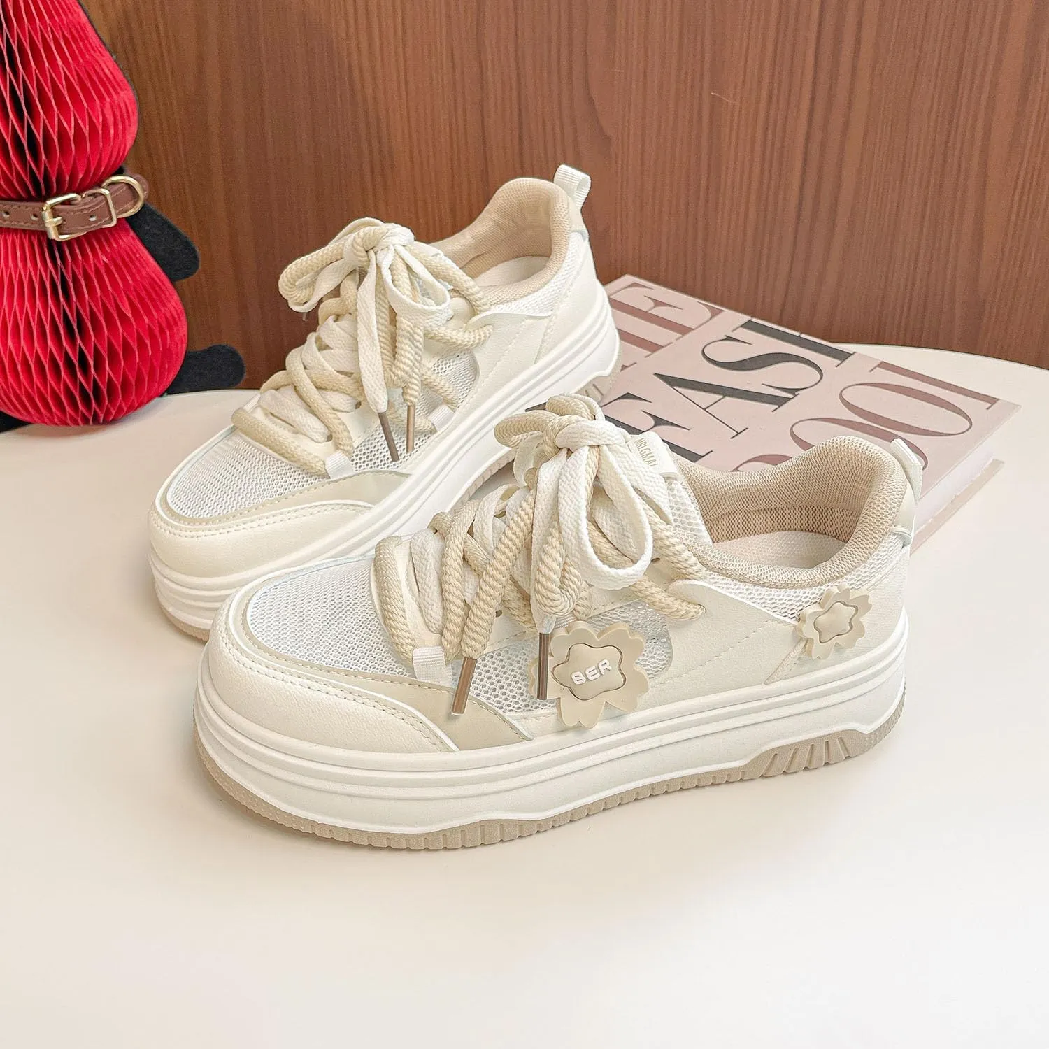 Womens Y2K Breathable Mesh Platform Sneakers College Girls Cute Fashion Campus Lightweight Walking Shoes