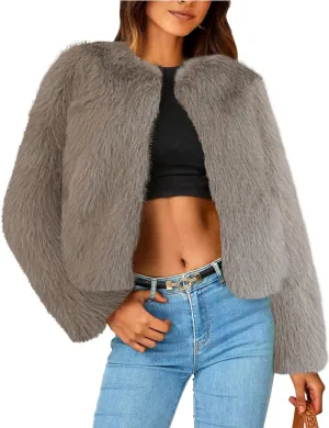 Wyeysyt Women's Cropped Faux Fur Jacket Winter Fashion Long Sleeve Open Front Cardigan Fluffy Shaggy Warm Short Coat