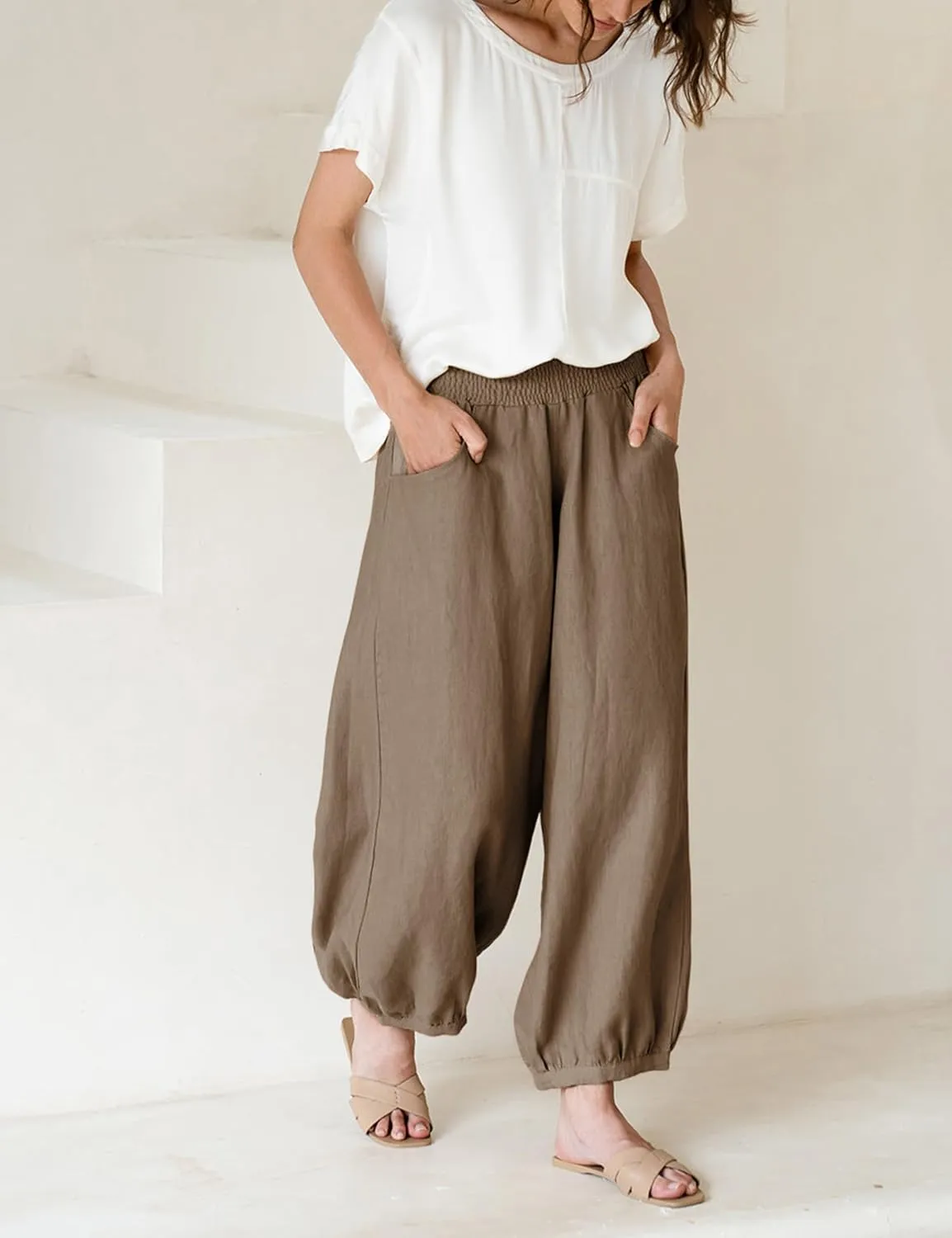 Xiaoxuemeng Womens Wide Leg Pants Cotton Linen Barrel Pants Elastic Waisted Lounge Trousers with Pockets