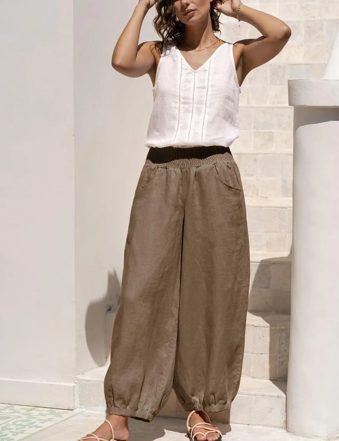 Xiaoxuemeng Womens Wide Leg Pants Cotton Linen Barrel Pants Elastic Waisted Lounge Trousers with Pockets