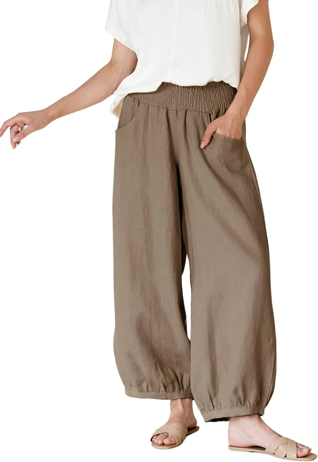 Xiaoxuemeng Womens Wide Leg Pants Cotton Linen Barrel Pants Elastic Waisted Lounge Trousers with Pockets