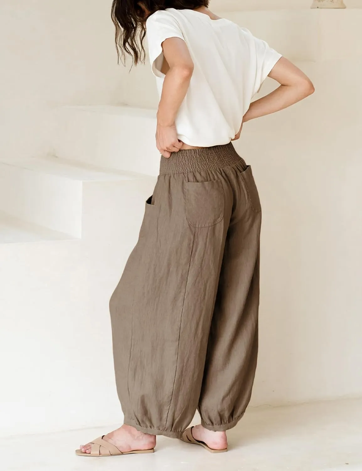Xiaoxuemeng Womens Wide Leg Pants Cotton Linen Barrel Pants Elastic Waisted Lounge Trousers with Pockets